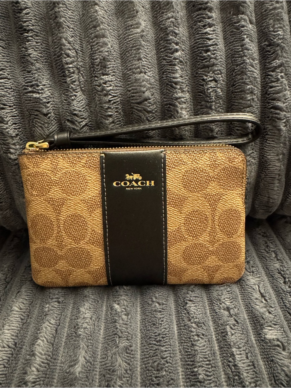 Coach Brown Signature Canvas Wristlet with Black Center Panel